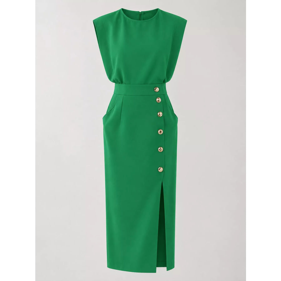 Sleeveless Midi Dress with Gold Button Detail and Side Slit Apparel Accessories