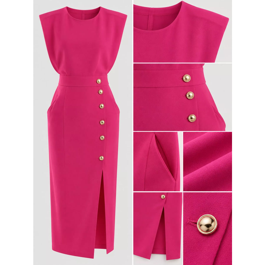 Sleeveless Midi Dress with Gold Button Detail and Side Slit Apparel Accessories
