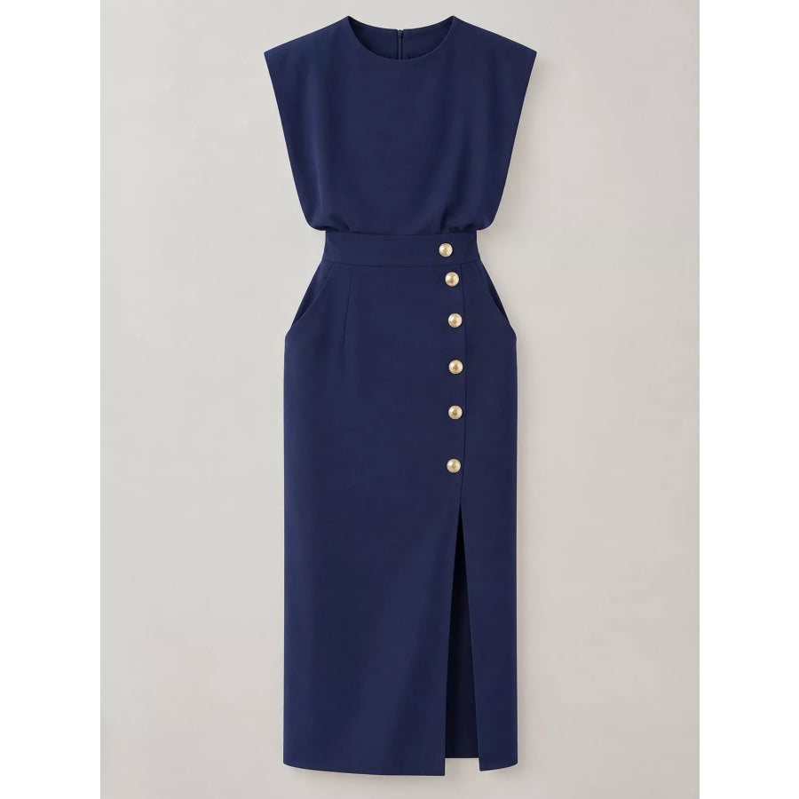 Sleeveless Midi Dress with Gold Button Detail and Side Slit Apparel Accessories