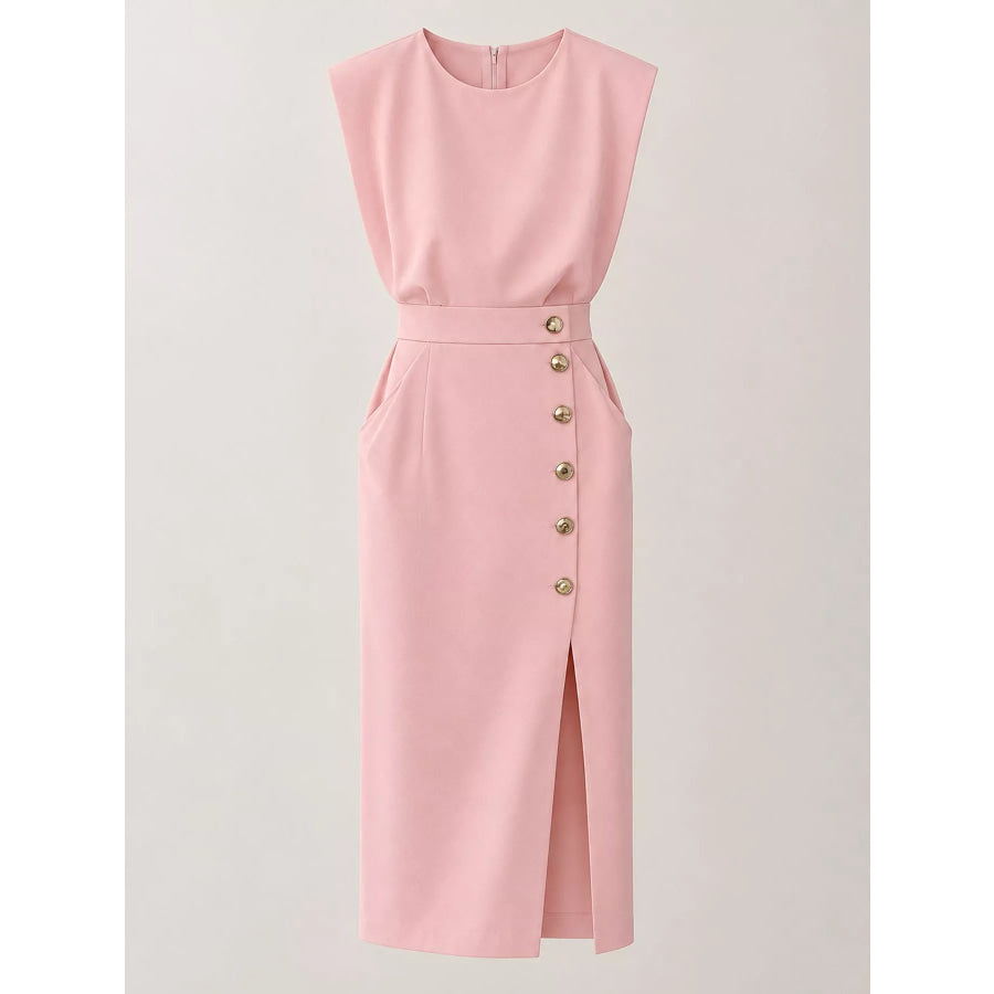 Sleeveless Midi Dress with Gold Button Detail and Side Slit Apparel Accessories