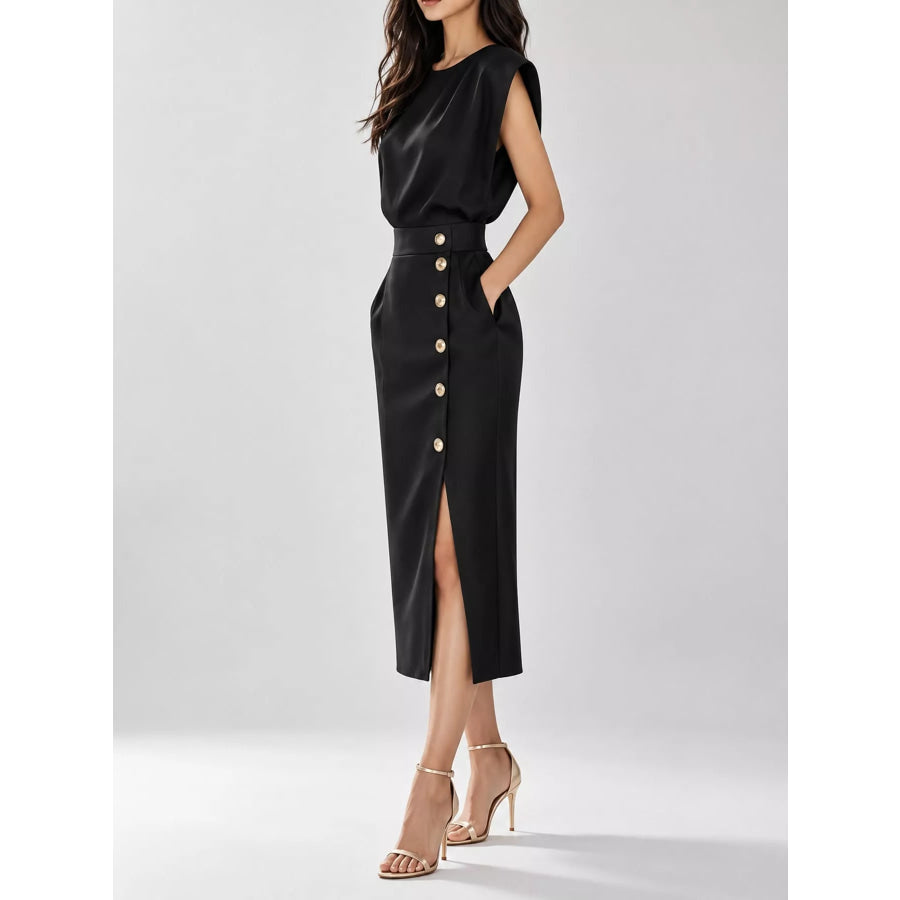 Sleeveless Midi Dress with Gold Button Detail and Side Slit Apparel Accessories