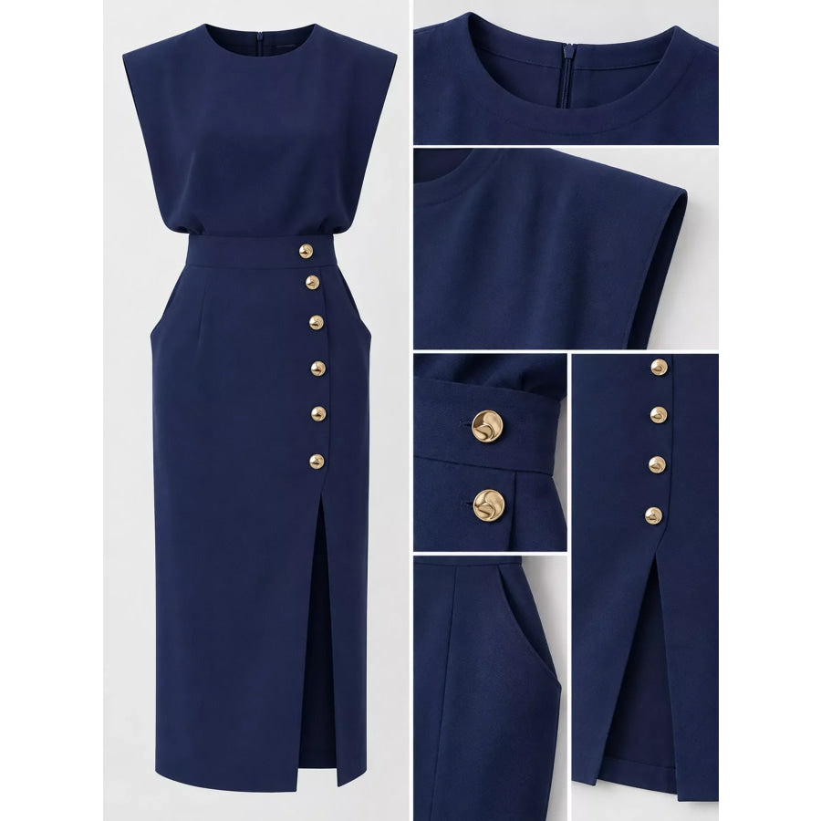 Sleeveless Midi Dress with Gold Button Detail and Side Slit Apparel Accessories