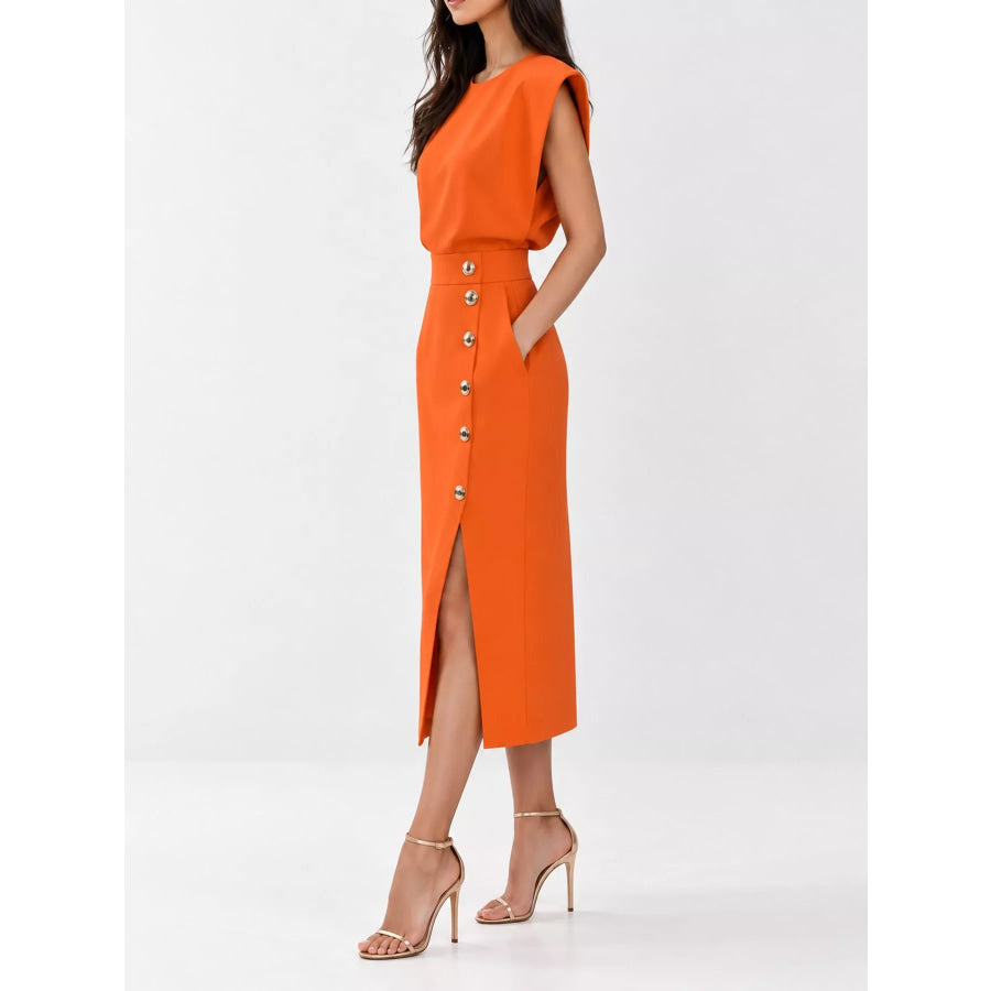 Sleeveless Midi Dress with Gold Button Detail and Side Slit Apparel Accessories