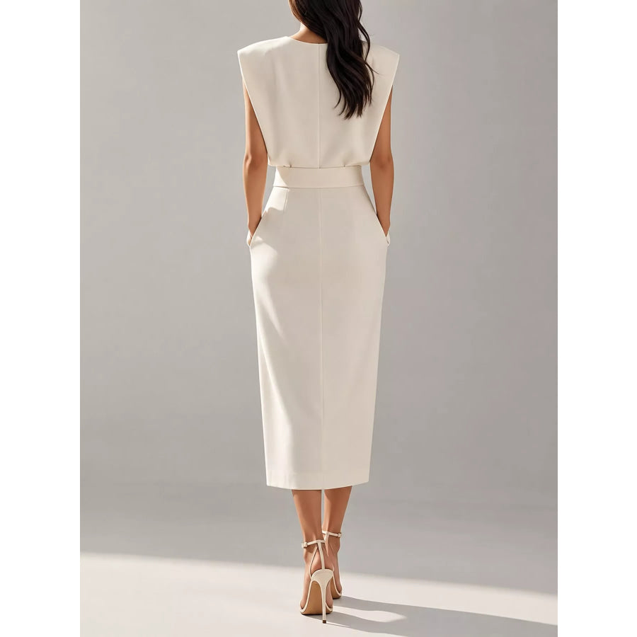 Sleeveless Midi Dress with Gold Button Detail and Side Slit Apparel Accessories