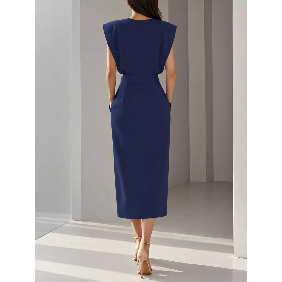 Sleeveless Midi Dress with Gold Button Detail and Side Slit Apparel Accessories