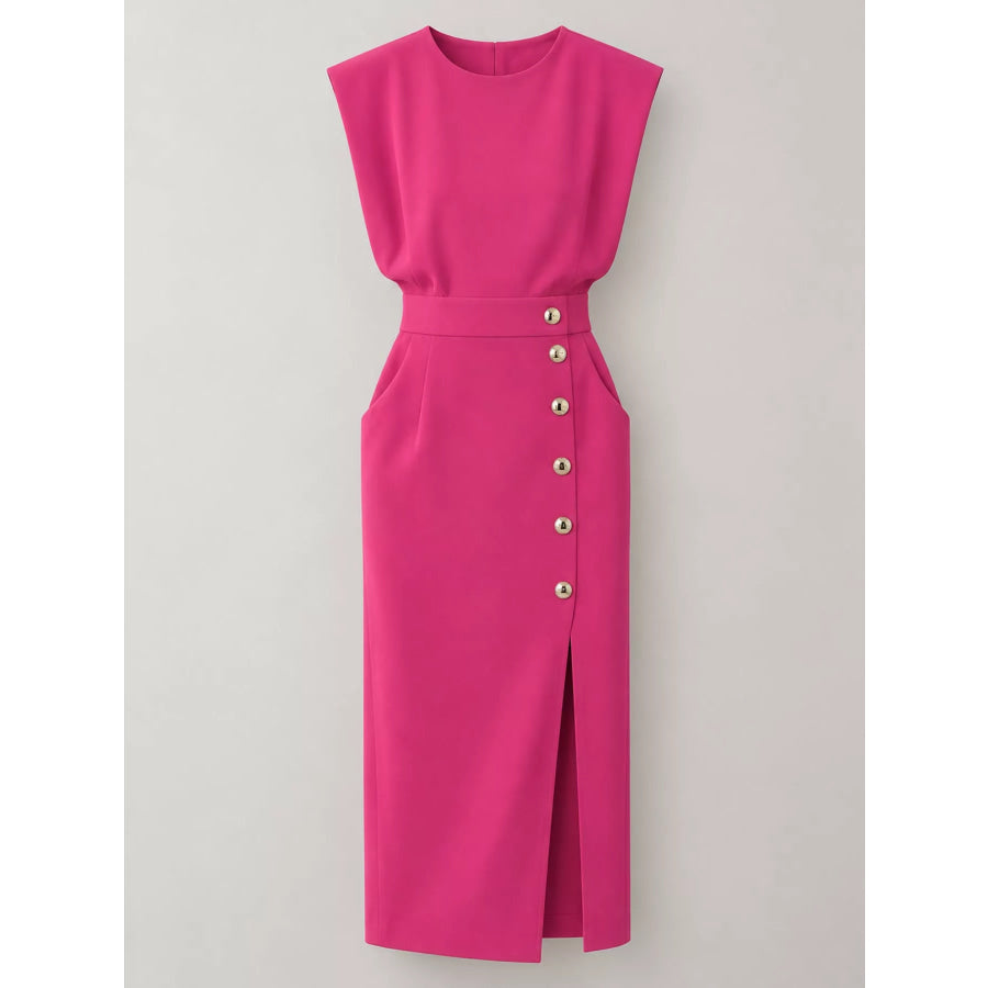 Sleeveless Midi Dress with Gold Button Detail and Side Slit Apparel Accessories