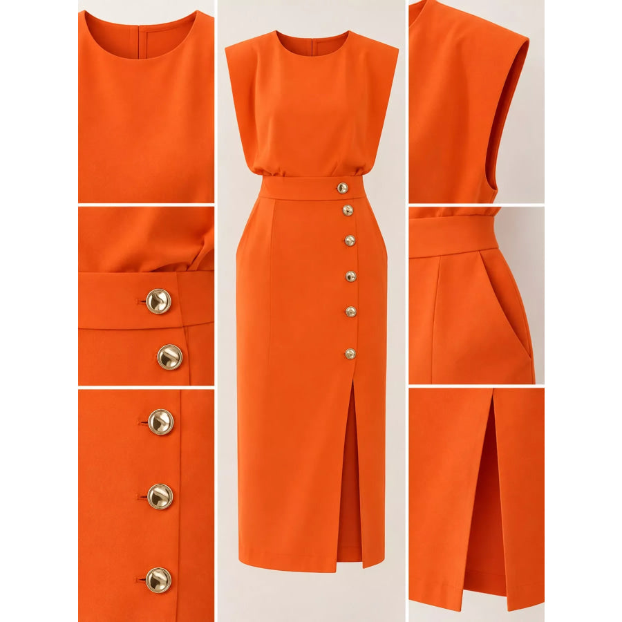Sleeveless Midi Dress with Gold Button Detail and Side Slit Apparel Accessories