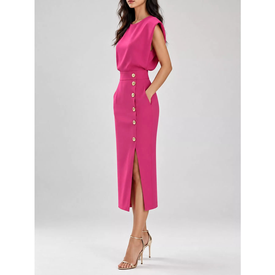 Sleeveless Midi Dress with Gold Button Detail and Side Slit Apparel Accessories