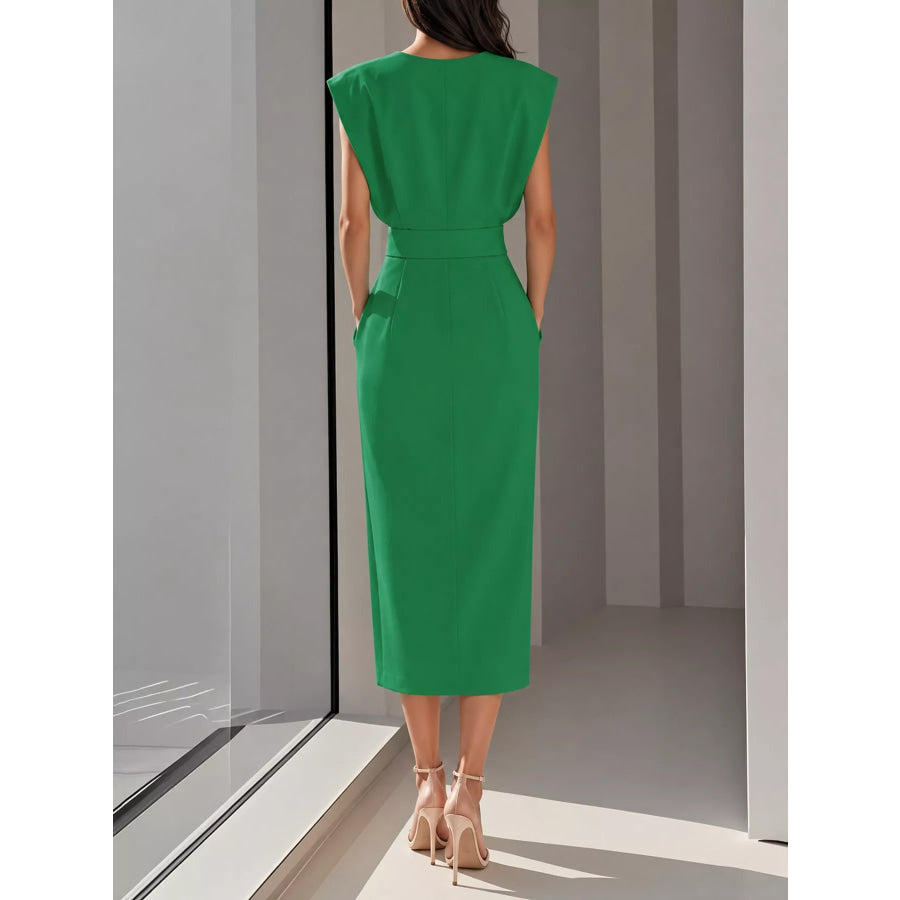Sleeveless Midi Dress with Gold Button Detail and Side Slit Apparel Accessories