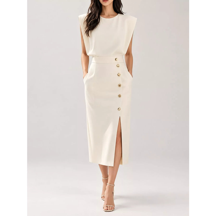 Sleeveless Midi Dress with Gold Button Detail and Side Slit Apricot / S Apparel Accessories