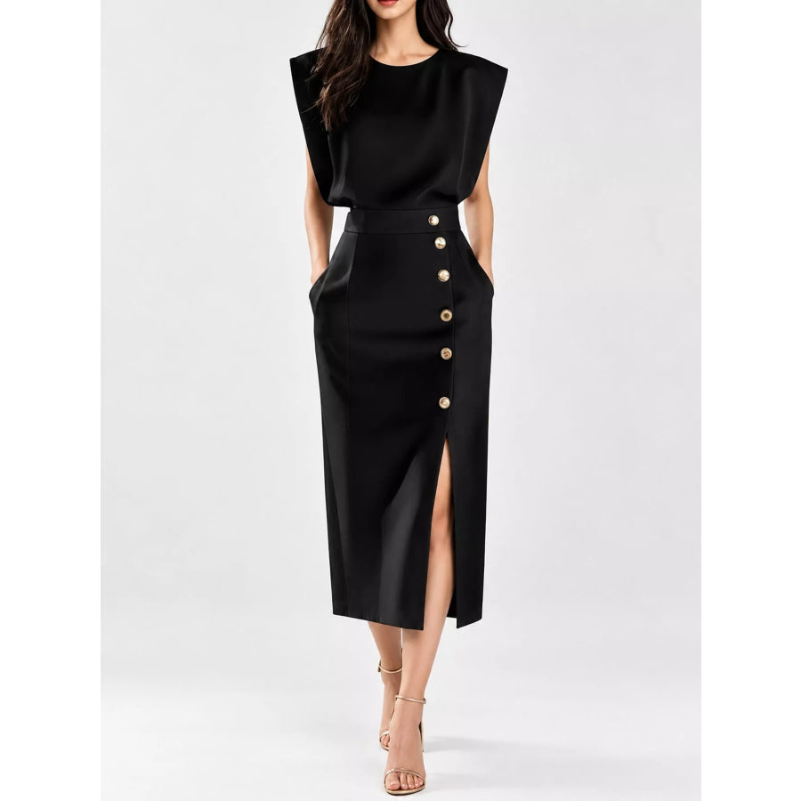 Sleeveless Midi Dress with Gold Button Detail and Side Slit Black / S Apparel Accessories