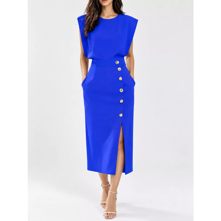 Sleeveless Midi Dress with Gold Button Detail and Side Slit Blue / S Apparel Accessories