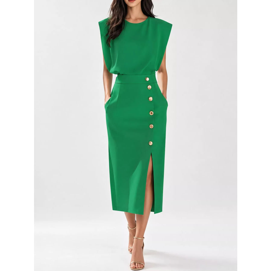 Sleeveless Midi Dress with Gold Button Detail and Side Slit Green / S Apparel Accessories