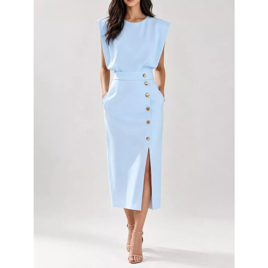 Sleeveless Midi Dress with Gold Button Detail and Side Slit Light Blue / S Apparel Accessories