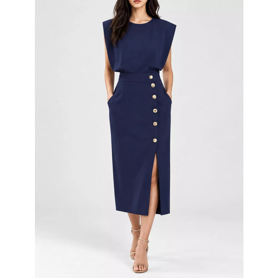 Sleeveless Midi Dress with Gold Button Detail and Side Slit Navy / S Apparel Accessories