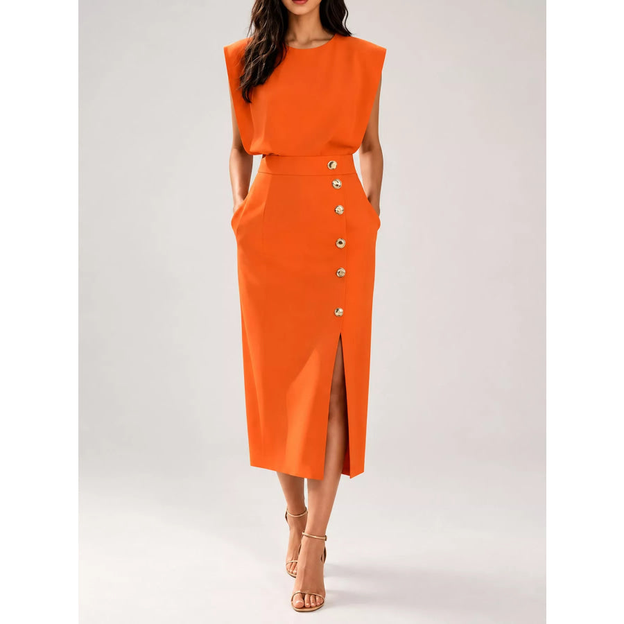 Sleeveless Midi Dress with Gold Button Detail and Side Slit Orange Red / S Apparel Accessories