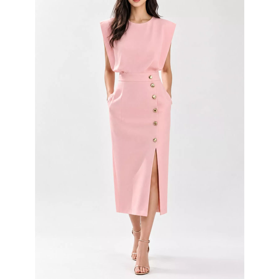 Sleeveless Midi Dress with Gold Button Detail and Side Slit Pink / S Apparel Accessories