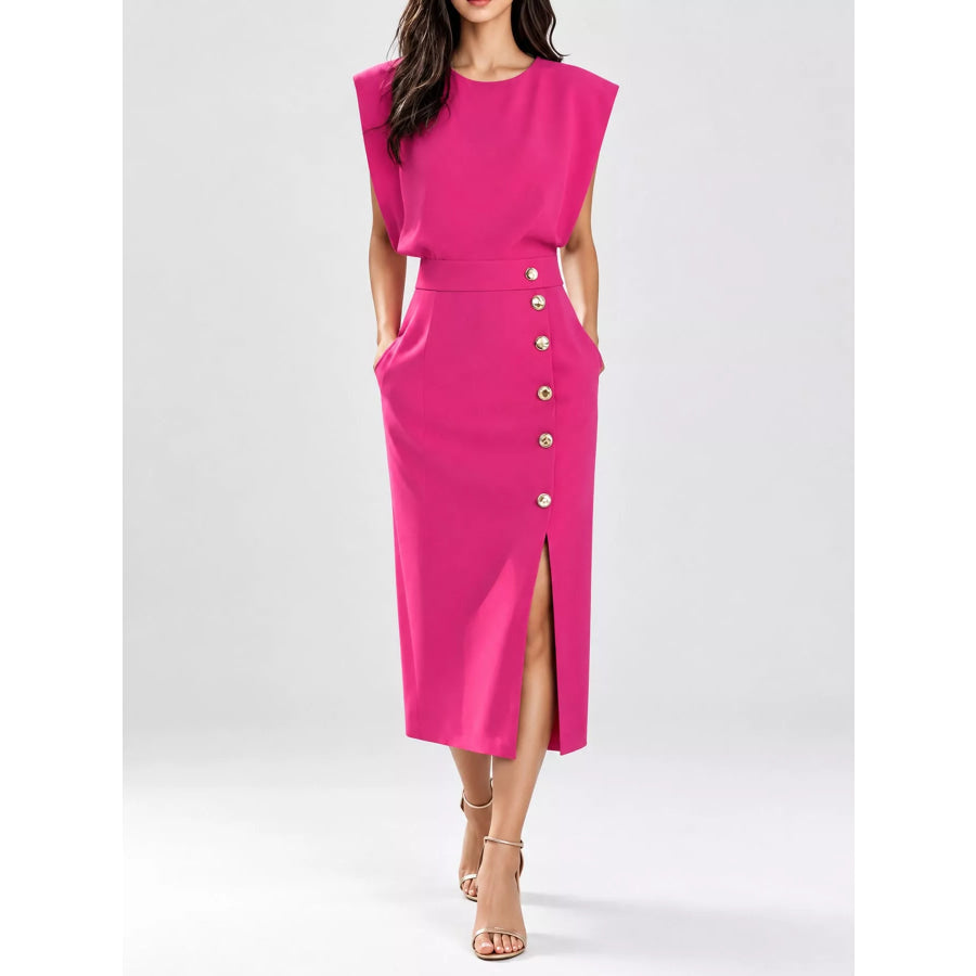 Sleeveless Midi Dress with Gold Button Detail and Side Slit Rose Red / S Apparel Accessories