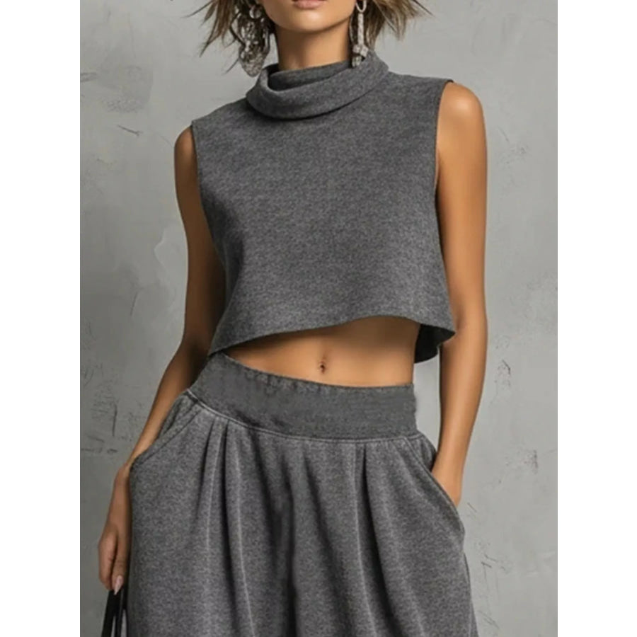 Sleeveless Mock Neck Crop Top and Wide-Leg Sweatpants Set Gray / S Apparel Accessories