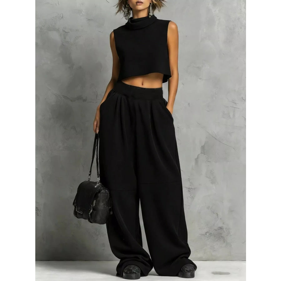 Sleeveless Mock Neck Crop Top and Wide-Leg Sweatpants Set Black / S Apparel Accessories