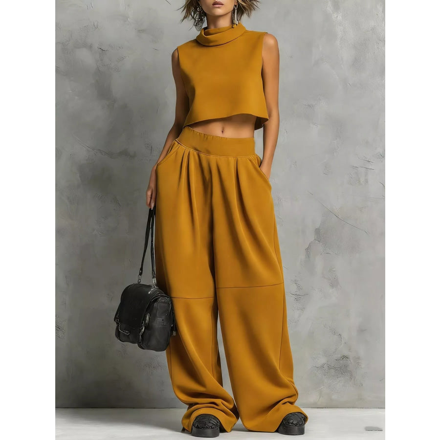 Sleeveless Mock Neck Crop Top and Wide-Leg Sweatpants Set Earthy Yellow / S Apparel Accessories