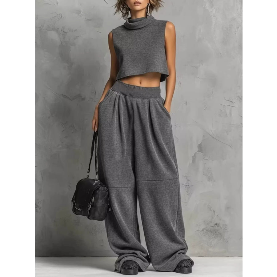 Sleeveless Mock Neck Crop Top and Wide-Leg Sweatpants Set Gray / S Apparel Accessories