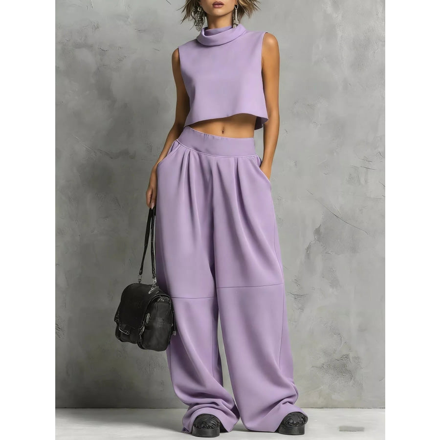 Sleeveless Mock Neck Crop Top and Wide-Leg Sweatpants Set Light Purple / S Apparel Accessories