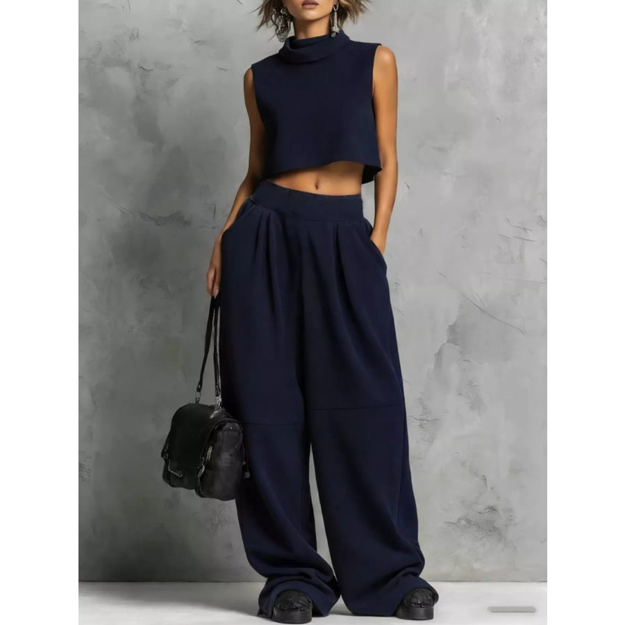 Sleeveless Mock Neck Crop Top and Wide-Leg Sweatpants Set Navy Blue / S Apparel Accessories