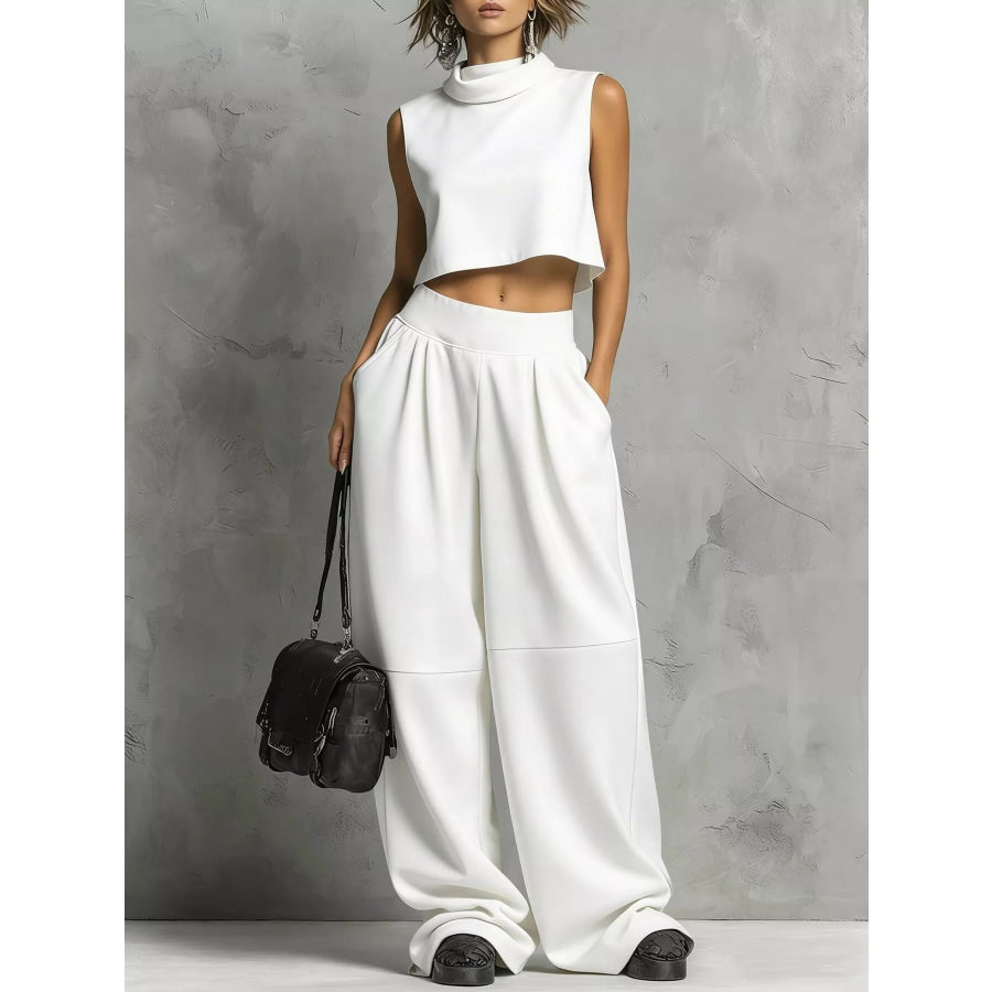 Sleeveless Mock Neck Crop Top and Wide-Leg Sweatpants Set White / S Apparel Accessories