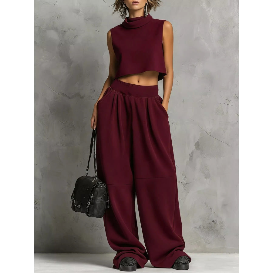 Sleeveless Mock Neck Crop Top and Wide-Leg Sweatpants Set Wine Red / S Apparel Accessories