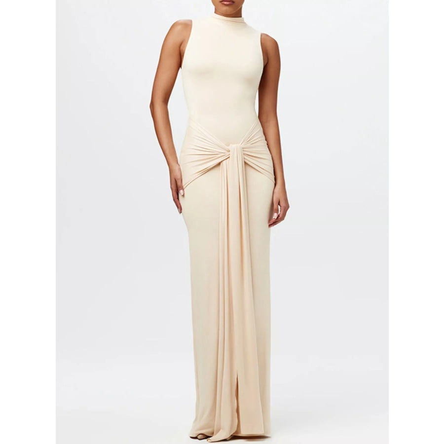 Sleeveless Mock Neck Knot Front Maxi Dress Apparel and Accessories
