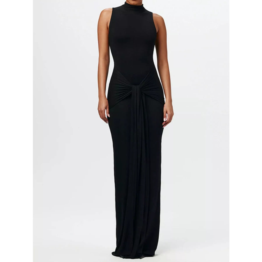 Sleeveless Mock Neck Knot Front Maxi Dress Black / S Apparel and Accessories