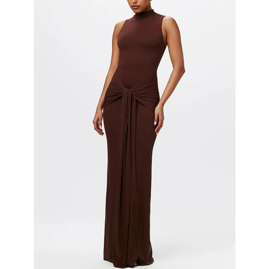 Sleeveless Mock Neck Knot Front Maxi Dress Dark Brown / S Apparel and Accessories