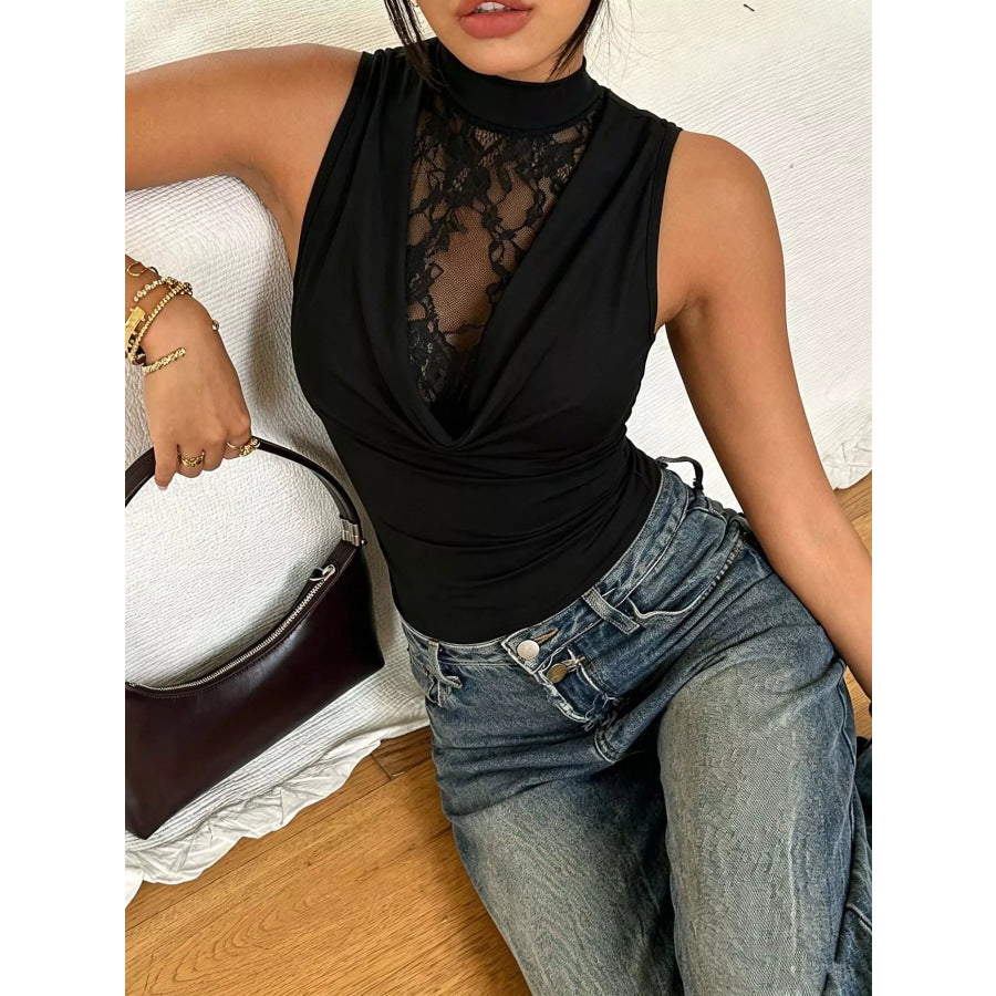 Sleeveless Mock Neck Lace Panel Bodysuit Apparel and Accessories