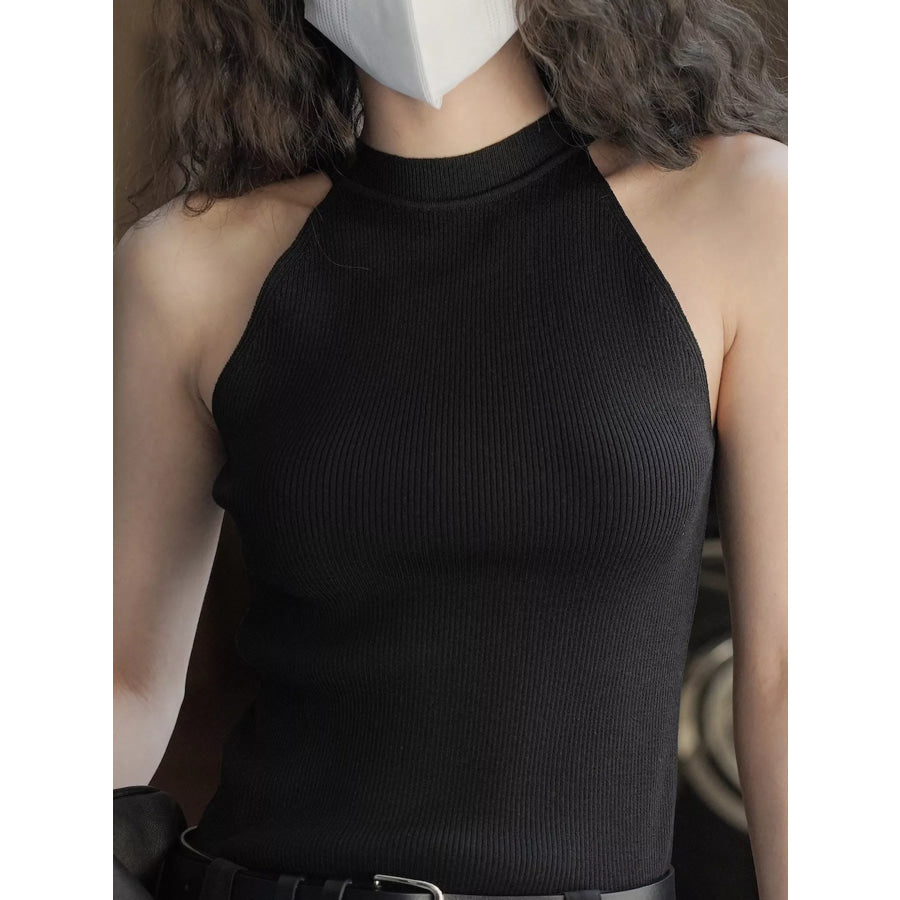 Sleeveless Mock Neck Ribbed Knit Tank Top Black / One Size Apparel and Accessories