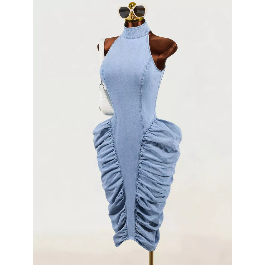 Sleeveless Mock Neck Ruched Bodycon Denim Dress Apparel and Accessories