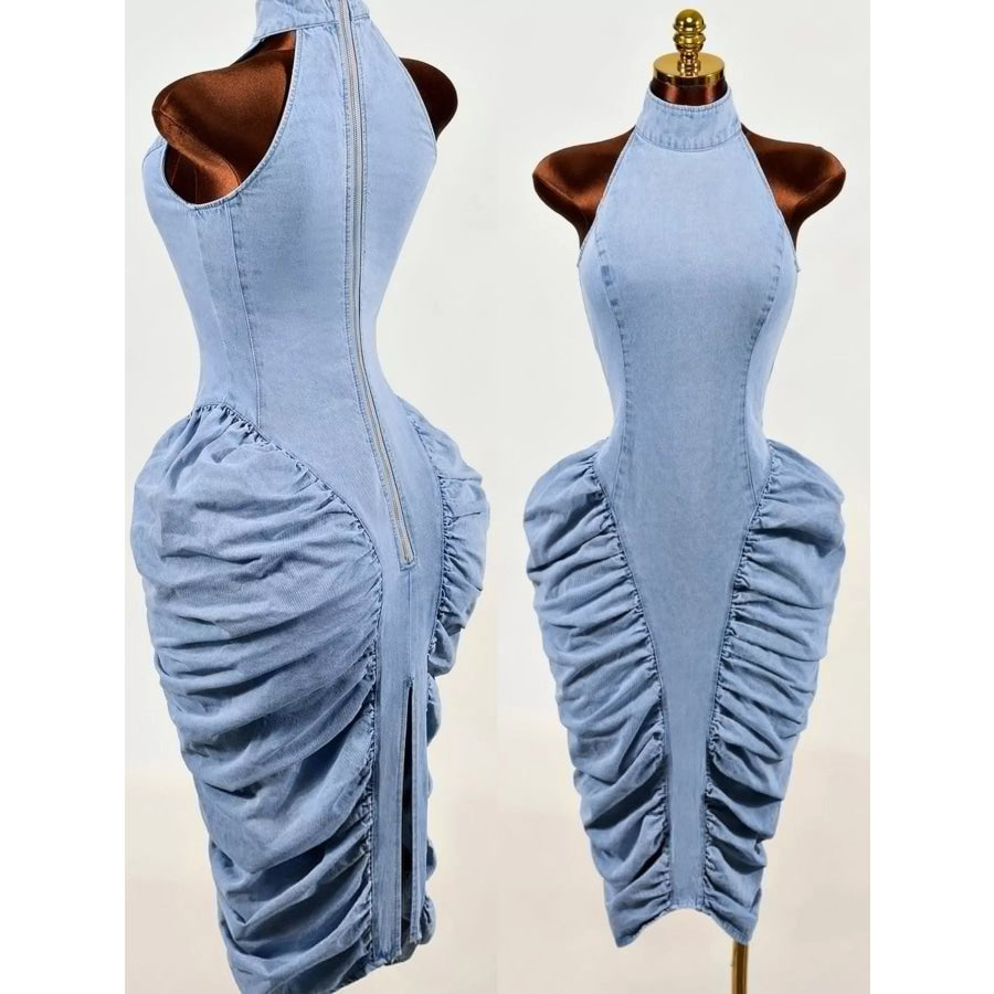 Sleeveless Mock Neck Ruched Bodycon Denim Dress Apparel and Accessories