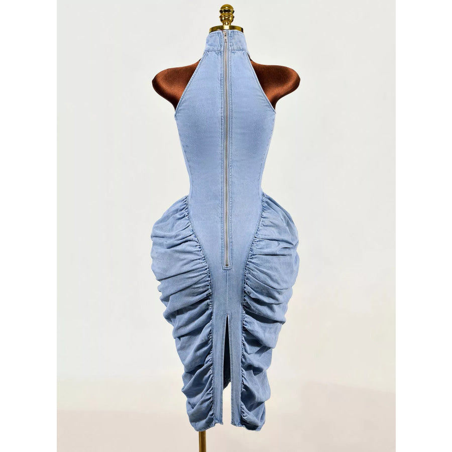 Sleeveless Mock Neck Ruched Bodycon Denim Dress Apparel and Accessories