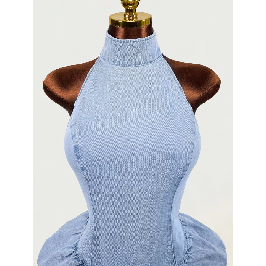 Sleeveless Mock Neck Ruched Bodycon Denim Dress Blue / S Apparel and Accessories