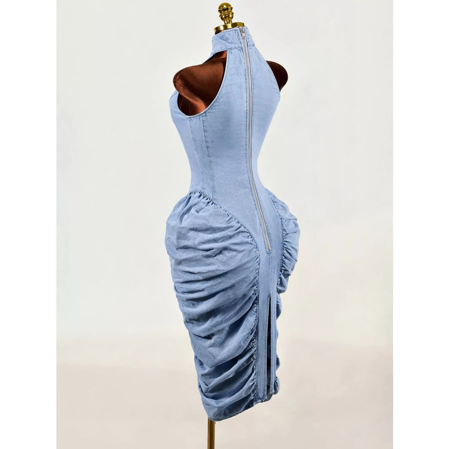 Sleeveless Mock Neck Ruched Bodycon Denim Dress Apparel and Accessories