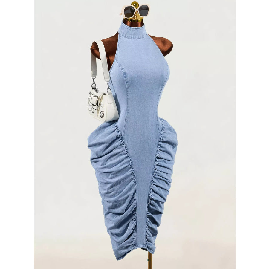 Sleeveless Mock Neck Ruched Bodycon Denim Dress Blue / S Apparel and Accessories