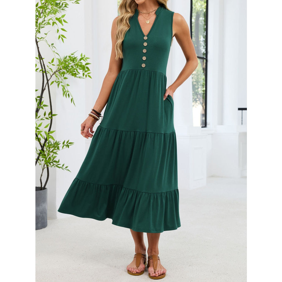 Sleeveless Notched Tiered Midi Dress Apparel and Accessories