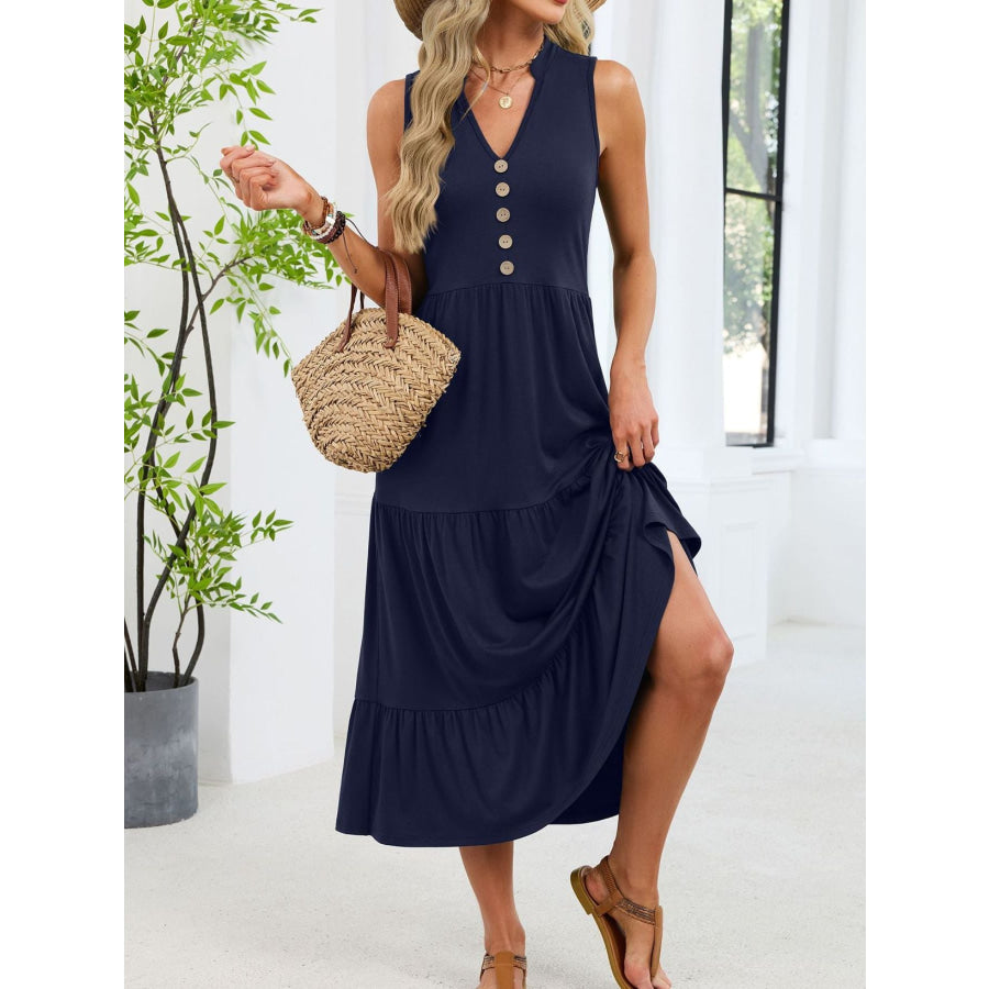 Sleeveless Notched Tiered Midi Dress Apparel and Accessories