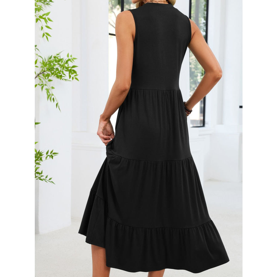Sleeveless Notched Tiered Midi Dress Apparel and Accessories