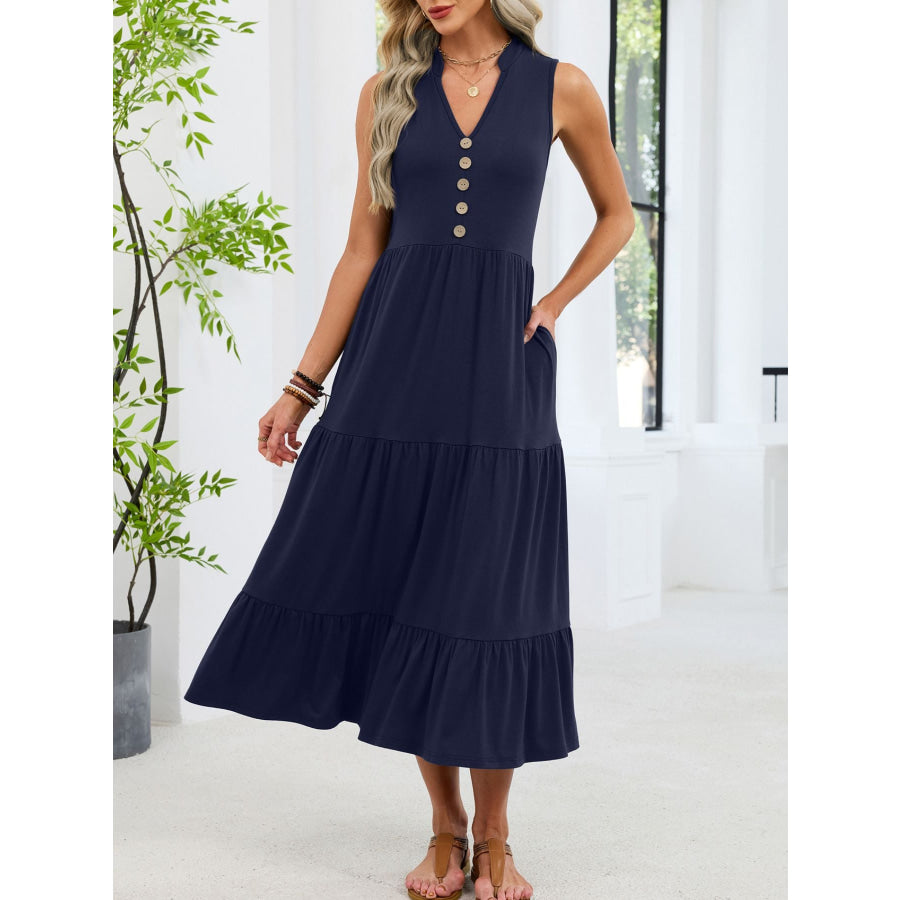 Sleeveless Notched Tiered Midi Dress Apparel and Accessories