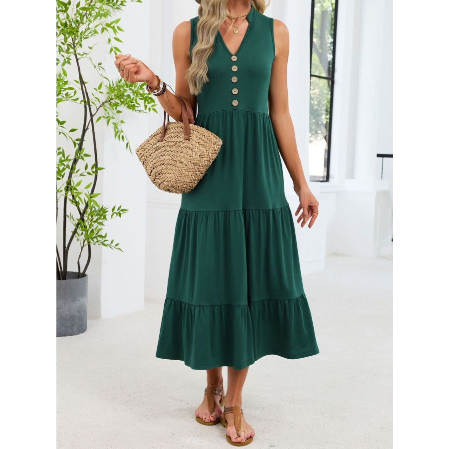 Sleeveless Notched Tiered Midi Dress Apparel and Accessories
