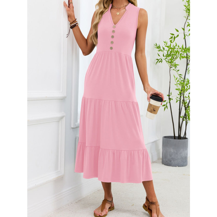 Sleeveless Notched Tiered Midi Dress Apparel and Accessories