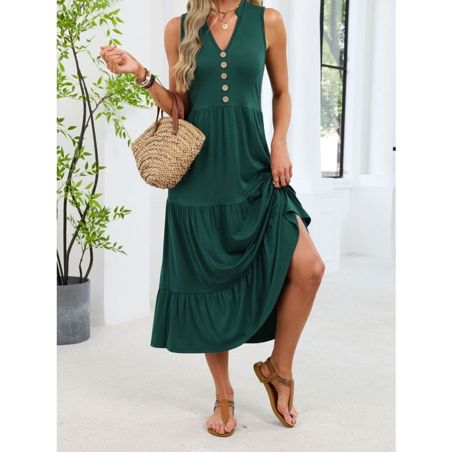 Sleeveless Notched Tiered Midi Dress Apparel and Accessories