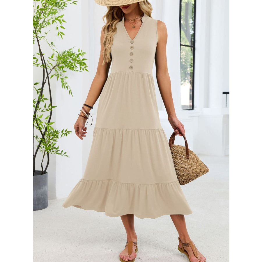 Sleeveless Notched Tiered Midi Dress Apparel and Accessories