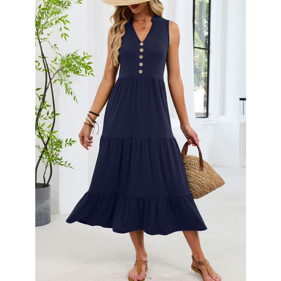 Sleeveless Notched Tiered Midi Dress Apparel and Accessories